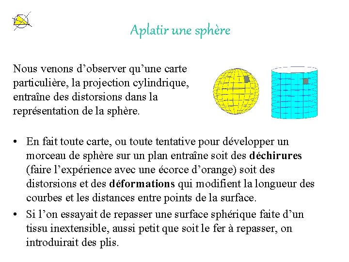 Aplatir une sphère Nous venons d’observer qu’une carte particulière, la projection cylindrique, entraîne des