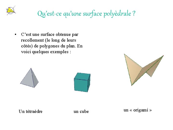 Qu’est-ce qu’une surface polyèdrale ? • C’est une surface obtenue par recollement (le long