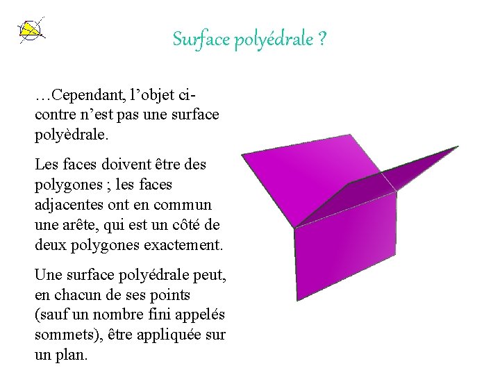 Surface polyédrale ? …Cependant, l’objet cicontre n’est pas une surface polyèdrale. Les faces doivent