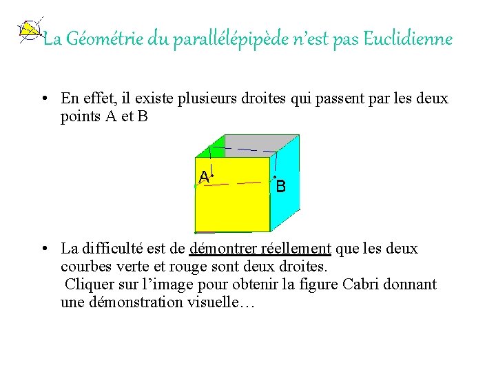 La Géométrie du parallélépipède n’est pas Euclidienne • En effet, il existe plusieurs droites