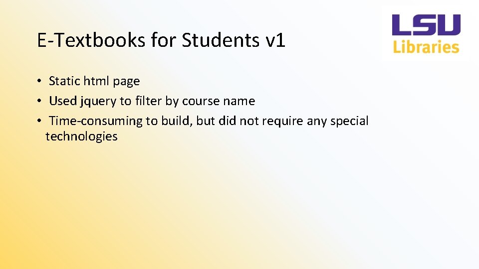 E-Textbooks for Students v 1 • Static html page • Used jquery to filter