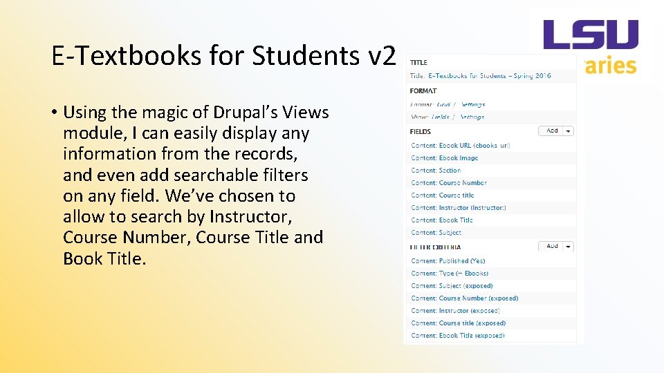 E-Textbooks for Students v 2 • Using the magic of Drupal’s Views module, I