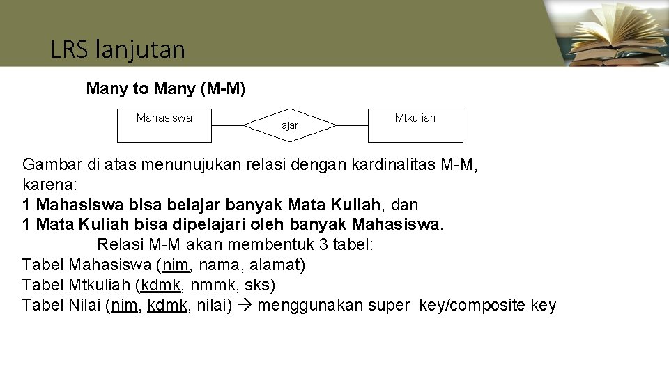 LRS lanjutan Many to Many (M-M) Mahasiswa ajar Mtkuliah Gambar di atas menunujukan relasi