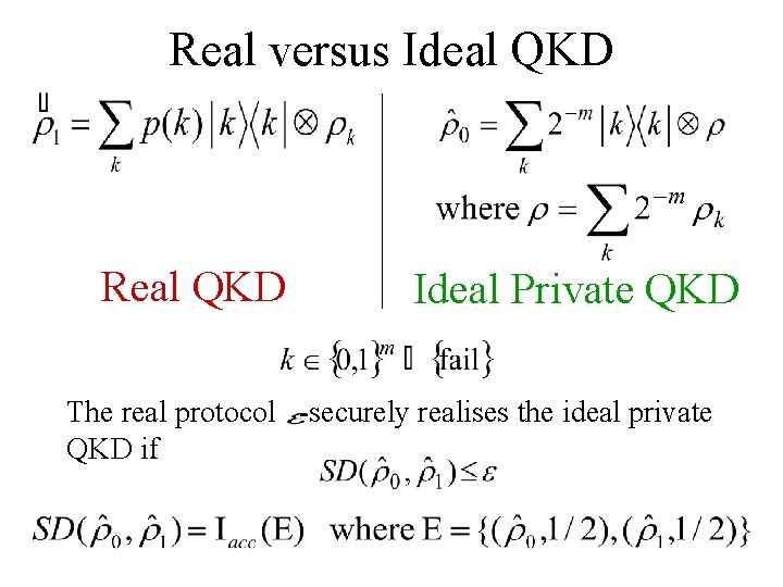 Real versus Ideal QKD Real QKD Ideal Private QKD The real protocol -securely realises