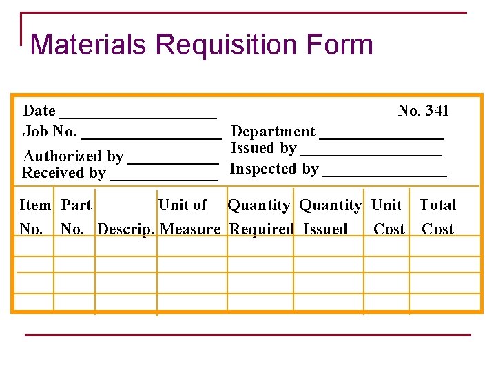Materials Requisition Form Date __________ No. 341 Job No. _________ Department ________ Authorized by