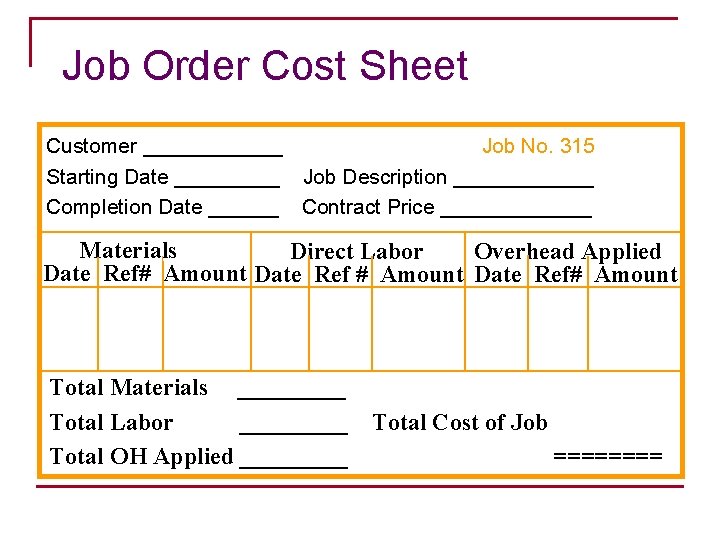 Job Order Cost Sheet Customer ______ Job No. 315 Starting Date _____ Job Description