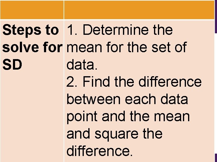 Steps to 1. Determine the solve for mean for the set of SD data.