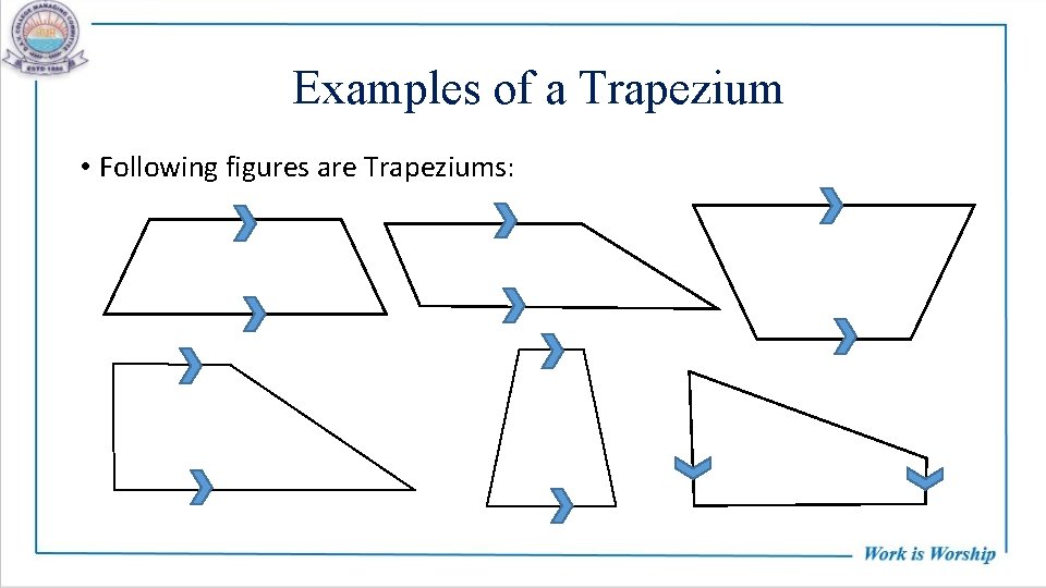 Examples of a Trapezium • Following figures are Trapeziums: 