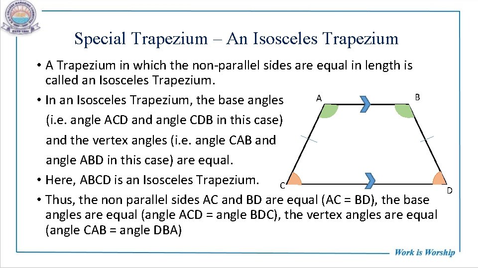 Special Trapezium – An Isosceles Trapezium • A Trapezium in which the non-parallel sides
