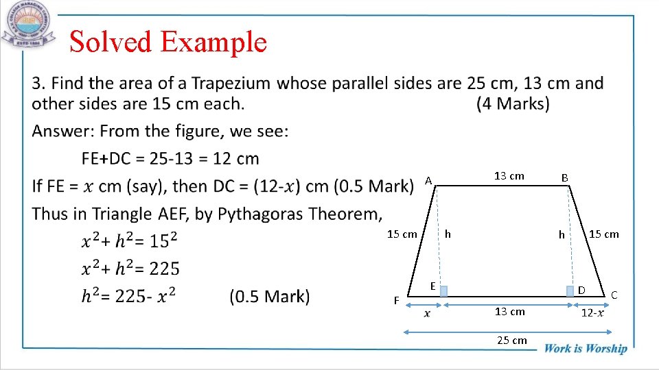 Solved Example • 13 cm A 15 cm F h 15 cm h E