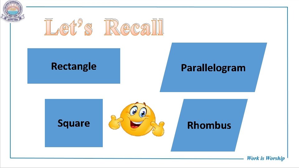 Let’s Recall Rectangle Square Parallelogram Rhombus 