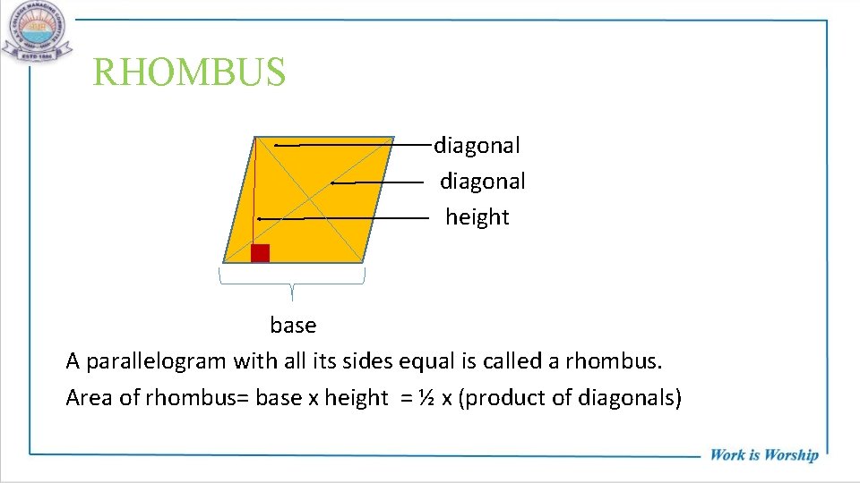 RHOMBUS diagonal height base A parallelogram with all its sides equal is called a