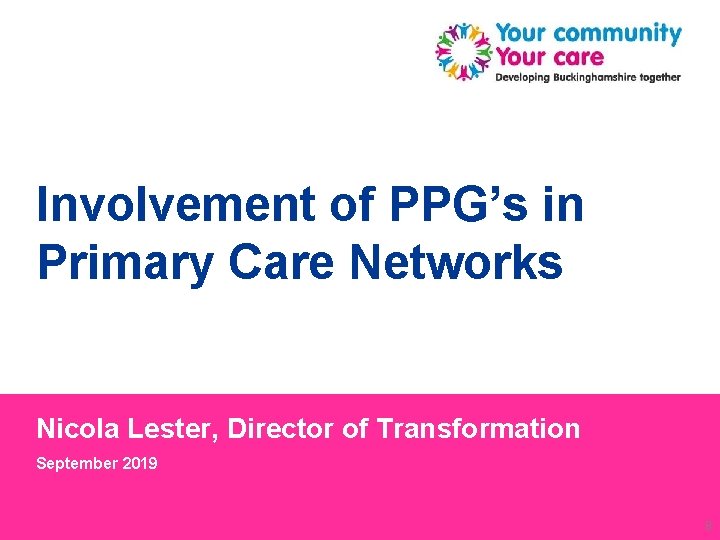 Involvement of PPG’s in Primary Care Networks Nicola Lester, Director of Transformation September 2019