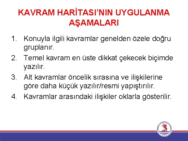 KAVRAM HARİTASI’NIN UYGULANMA AŞAMALARI 1. Konuyla ilgili kavramlar genelden özele doğru gruplanır. 2. Temel