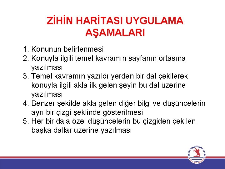 ZİHİN HARİTASI UYGULAMA AŞAMALARI 1. Konunun belirlenmesi 2. Konuyla ilgili temel kavramın sayfanın ortasına