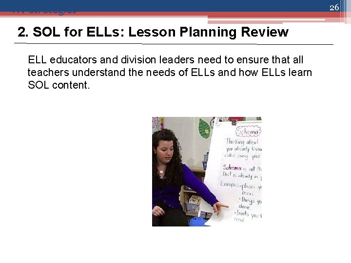 IV. Strategies 2. SOL for ELLs: Lesson Planning Review ELL educators and division leaders