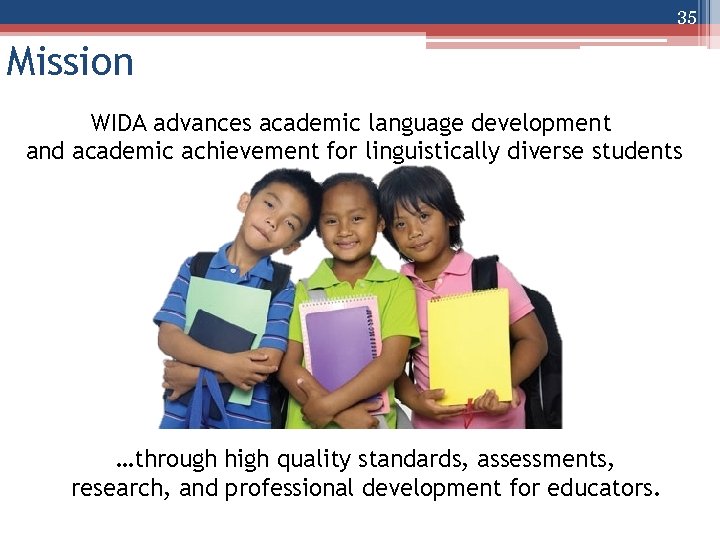 35 Mission WIDA advances academic language development and academic achievement for linguistically diverse students