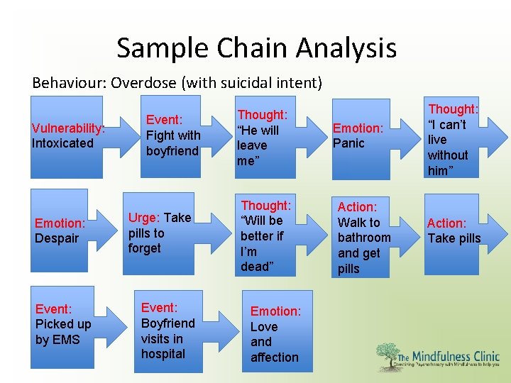 Sample Chain Analysis Behaviour: Overdose (with suicidal intent) Vulnerability: Intoxicated Emotion: Despair Event: Picked