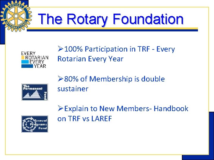 The Rotary Foundation Ø 100% Participation in TRF - Every Rotarian Every Year Ø