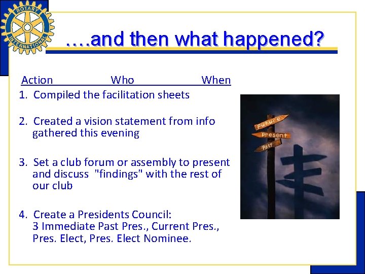 …. and then what happened? Action Who When 1. Compiled the facilitation sheets 2.