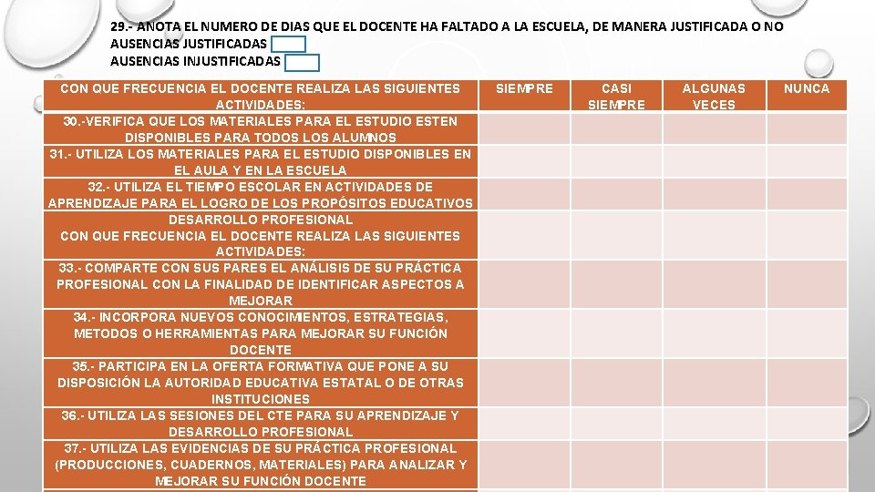 29. - ANOTA EL NUMERO DE DIAS QUE EL DOCENTE HA FALTADO A LA
