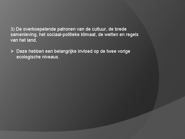 3) De overkoepelende patronen van de cultuur, de brede samenleving, het sociaal-politieke klimaat, de