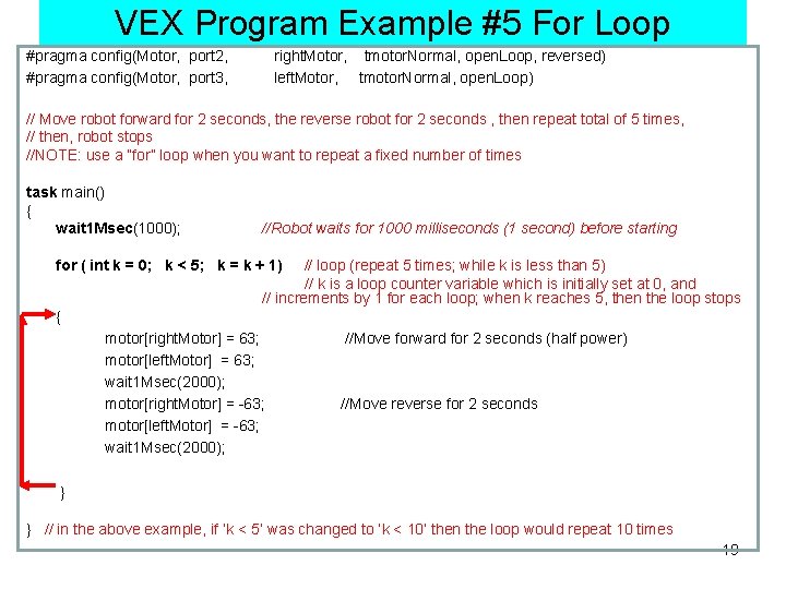 VEX Program Example #5 For Loop #pragma config(Motor, port 2, right. Motor, tmotor. Normal,