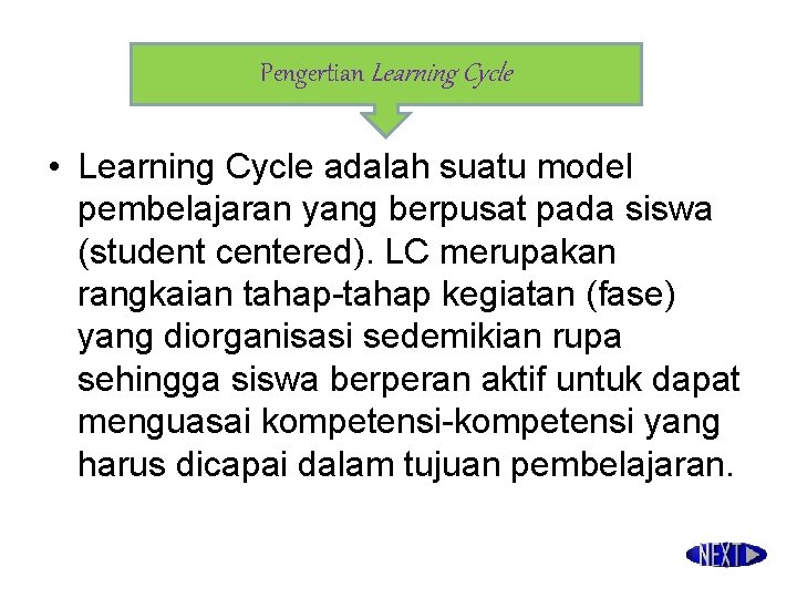 Pengertian Learning Cycle • Learning Cycle adalah suatu model pembelajaran yang berpusat pada siswa