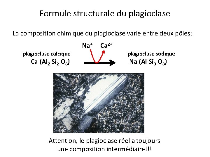 Formule structurale du plagioclase La composition chimique du plagioclase varie entre deux pôles: Na+ Formule structurale du plagioclase La composition chimique du plagioclase varie entre deux pôles: Na+