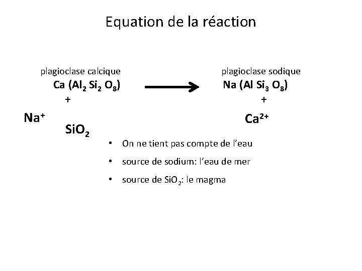 Equation de la réaction plagioclase calcique Ca (Al 2 Si 2 O 8) + Equation de la réaction plagioclase calcique Ca (Al 2 Si 2 O 8) +