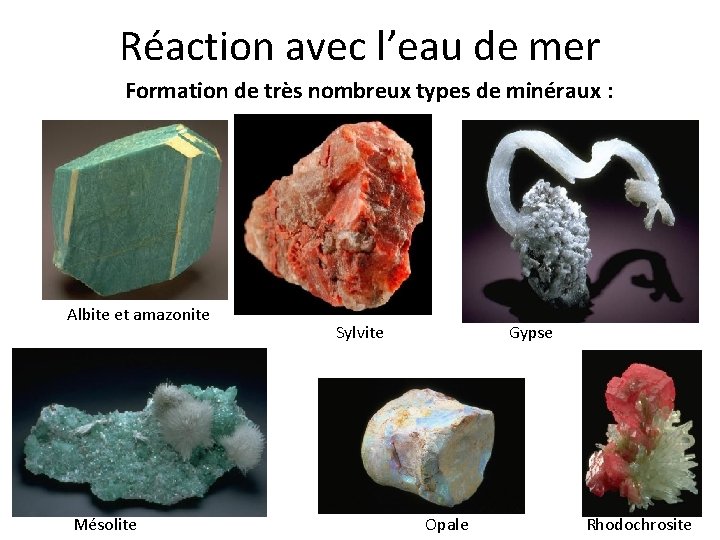 Réaction avec l’eau de mer Formation de très nombreux types de minéraux : Albite Réaction avec l’eau de mer Formation de très nombreux types de minéraux : Albite