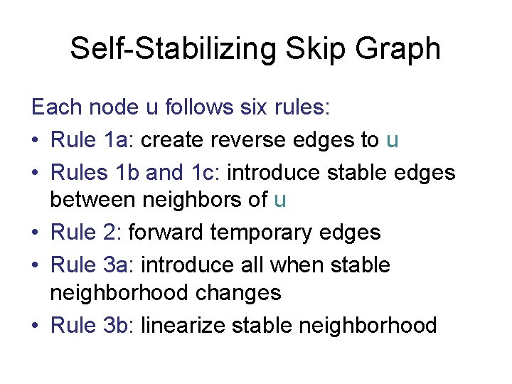 Self-Stabilizing Skip Graph Each node u follows six rules: • Rule 1 a: create