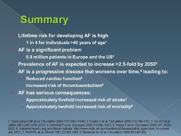 Summary 1. Lloyd-Jones DM et al. Circulation 2004; 110: 1042– 1046; 2. Fuster V
