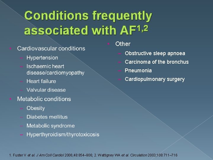 Conditions frequently associated with AF 1, 2 • Other – Obstructive sleep apnoea –