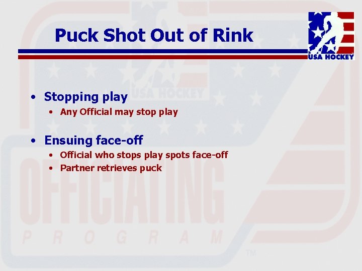 Puck Shot Out of Rink • Stopping play • Any Official may stop play