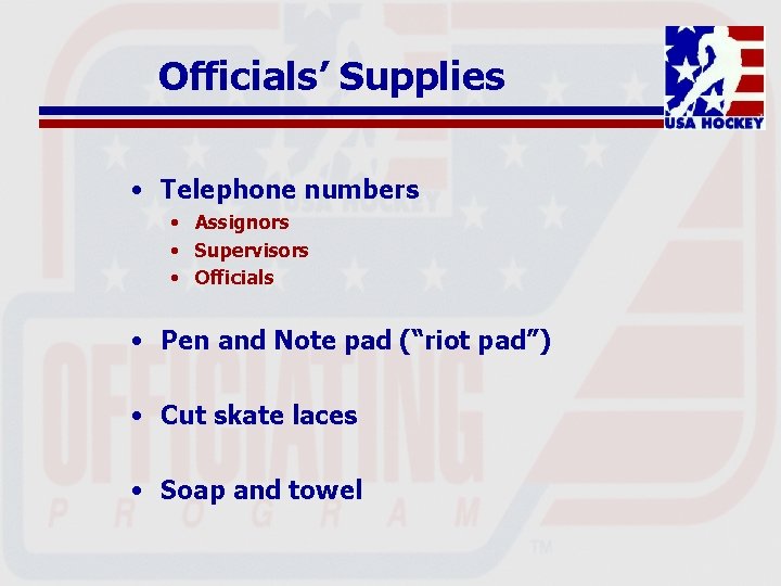 Officials’ Supplies • Telephone numbers • Assignors • Supervisors • Officials • Pen and