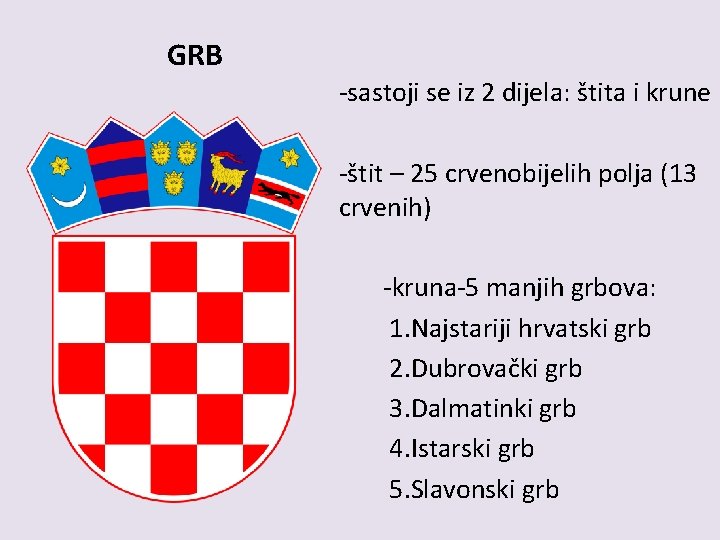 GRB -sastoji se iz 2 dijela: štita i krune -štit – 25 crvenobijelih polja