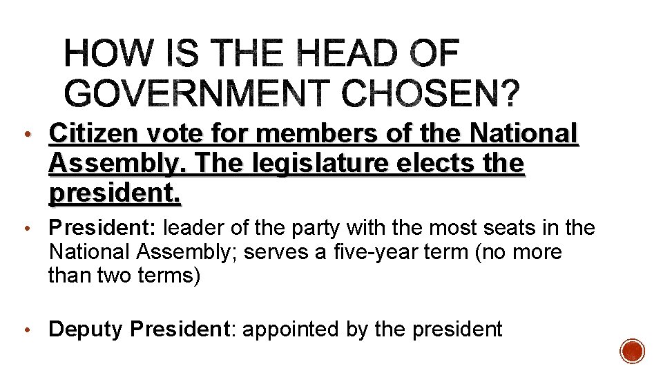  • Citizen vote for members of the National Assembly. The legislature elects the
