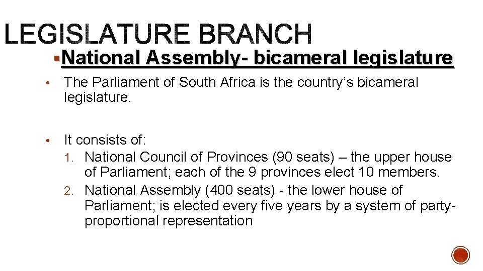 §National Assembly- bicameral legislature • The Parliament of South Africa is the country’s bicameral