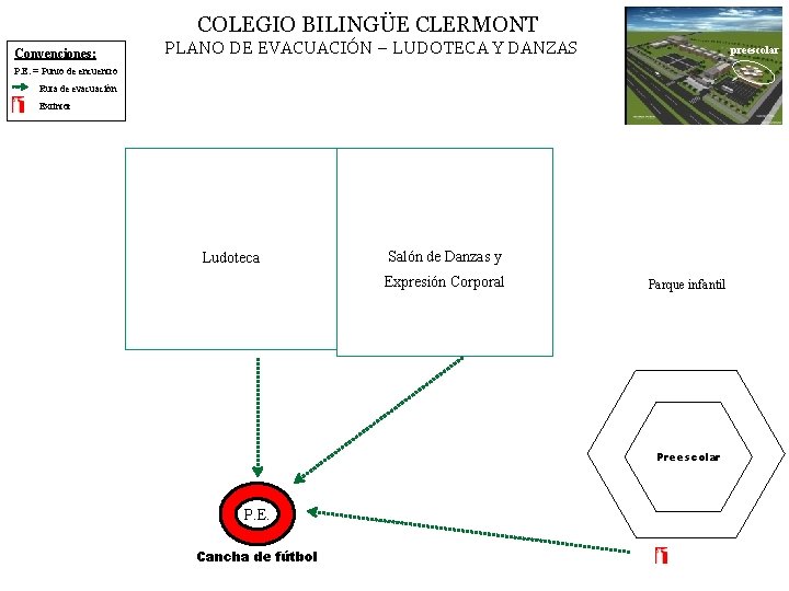 COLEGIO BILINGÜE CLERMONT Convenciones: PLANO DE EVACUACIÓN – LUDOTECA Y DANZAS preescolar P. E.
