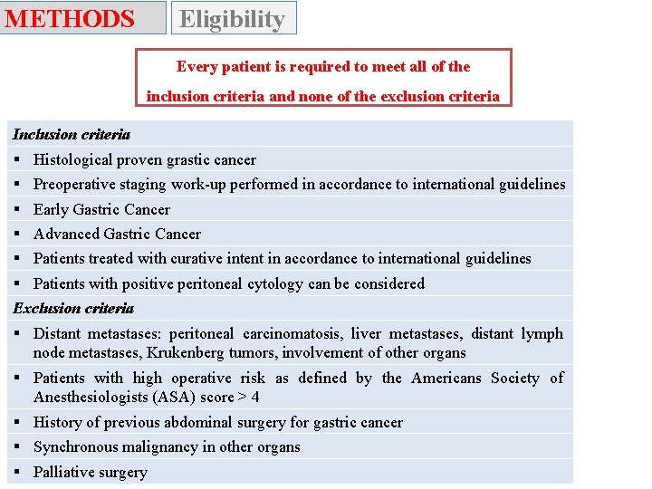 METHODS Eligibility Every patient is required to meet all of the inclusion criteria and