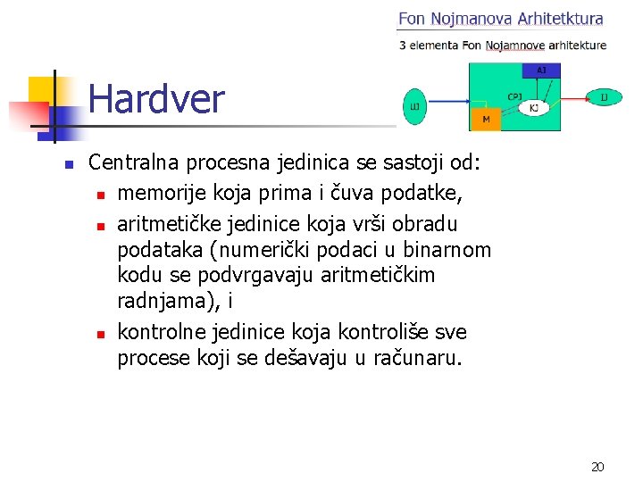 Hardver n Centralna procesna jedinica se sastoji od: n memorije koja prima i čuva