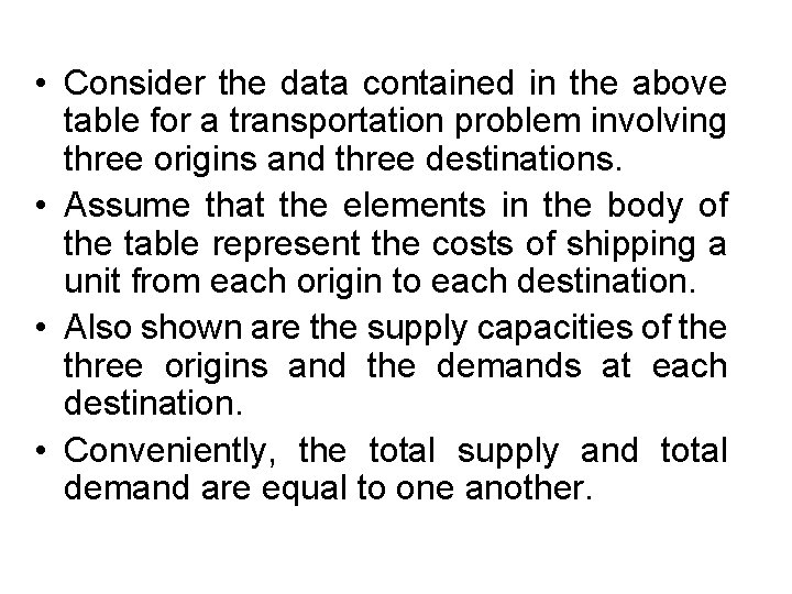  • Consider the data contained in the above table for a transportation problem