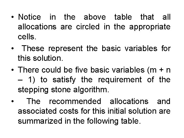  • Notice in the above table that allocations are circled in the appropriate