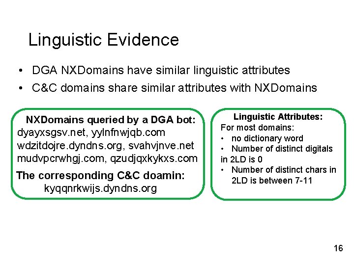 Linguistic Evidence • DGA NXDomains have similar linguistic attributes • C&C domains share similar