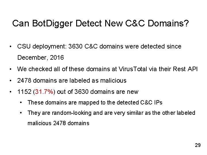 Can Bot. Digger Detect New C&C Domains? • CSU deployment: 3630 C&C domains were