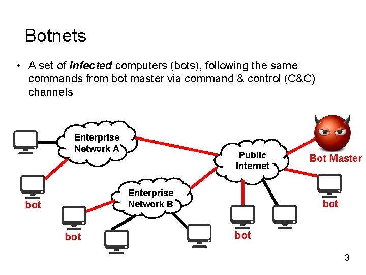 Botnets • A set of infected computers (bots), following the same commands from bot