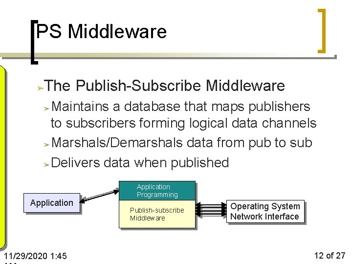 PS Middleware The Publish-Subscribe Middleware ➢ Maintains a database that maps publishers to subscribers