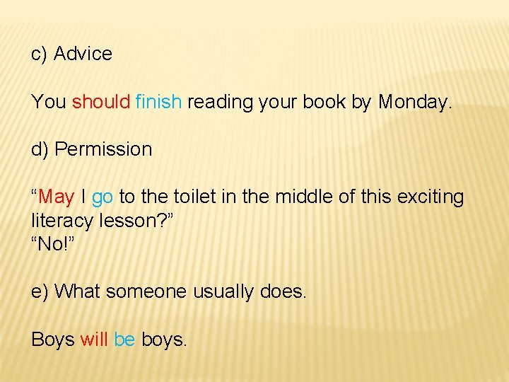 c) Advice You should finish reading your book by Monday. d) Permission “May I