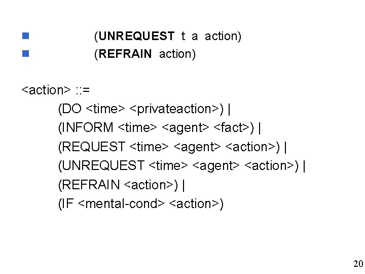 n n (UNREQUEST t a action) (REFRAIN action) <action> : : = (DO <time>